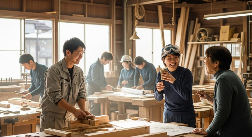 地域社会への貢献：木工教室に参加したちびっ子大工たちの建築への熱意と奮闘中の様子